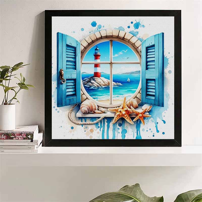 New Arrival 5D DIY Full Circle Diamond Painting "Window Seaside" Embroidery Cross Stitch Home Decor Gift