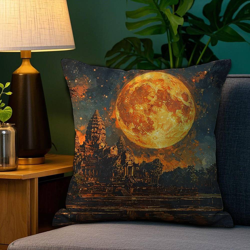Angkor Wat Pillow Case Anti-dustmite Pillowcase Invisible Zipper Silky Short Plush Sofa Cushion Cover