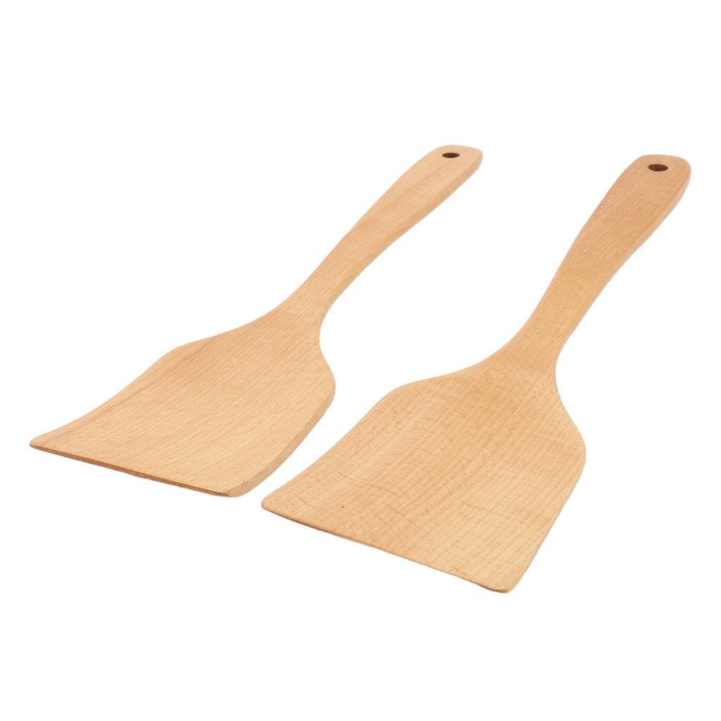 2 STÜCK Holzspatel Kochwender Buchenholz Langer Griff Breit Flach Bratspatel für Küche