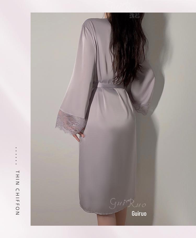 Silky Satin Lace Pajama Set with Chest Pad and Outer Robe - P4105