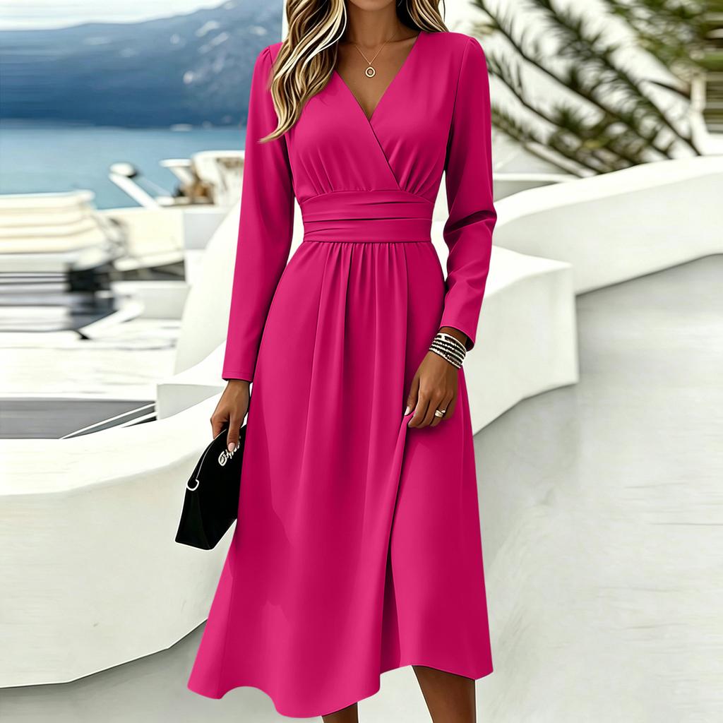 Women's Color V-Neck Short Sleeve Casual Dress for Everyday Wear