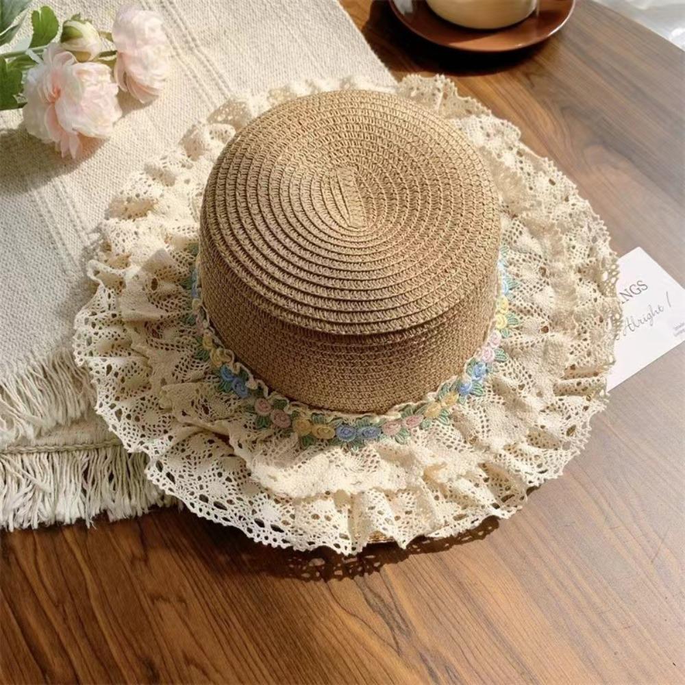 Wide Brim Lace Floral Brim Cap Flat Top Sunscreen Hat Simple Straw Woven Top Hat  Travel