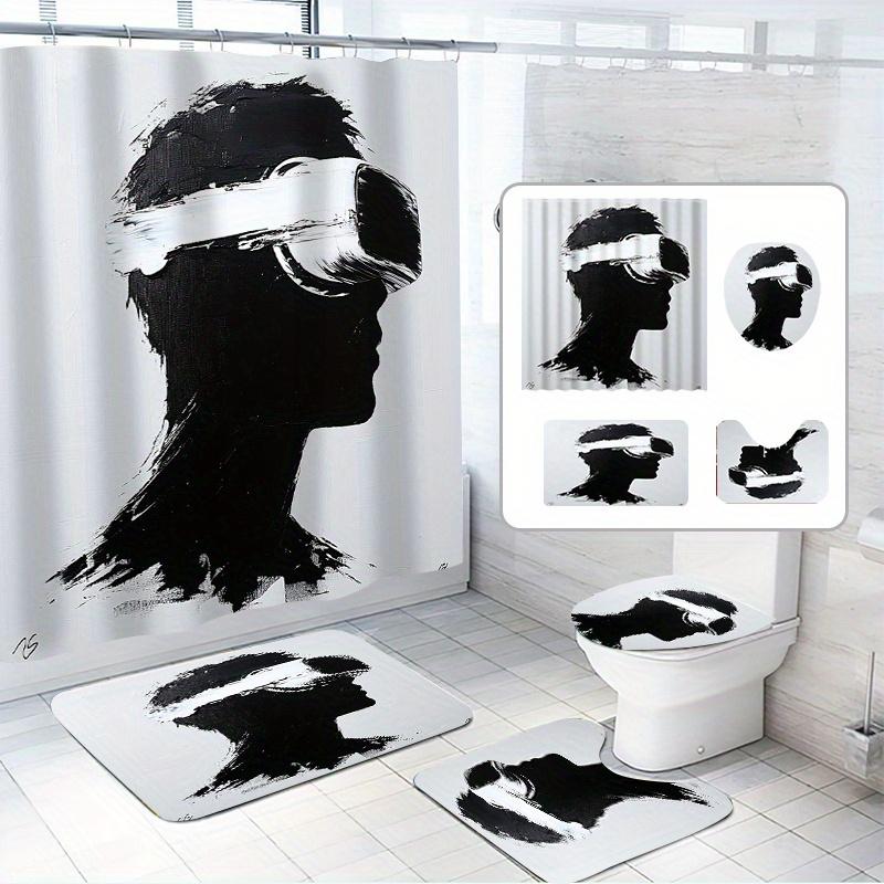 

1/4 Set, Black Avatar Shower Curtain Set, Black And White Color Matching, Waterproof Polyester Fabric, With Non-Slip Bath Mat W60H190(CM)-1 Pcs