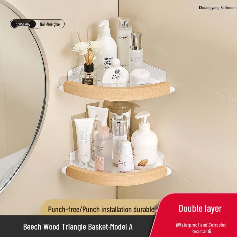 Solid Wood Corner Bathroom Shelf - No-Drill Triangle Storage for Washbasin & Shower Gel