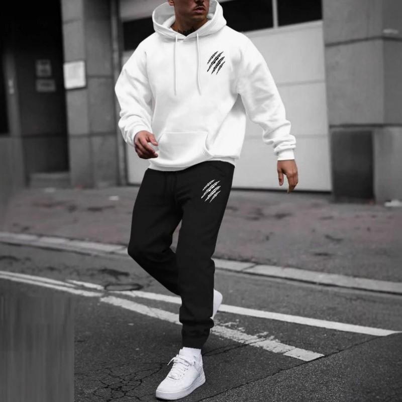 Mens Winter Hooded Sweatshirt Pants Set With Animal Paw Print Sporty Casual Streetwear