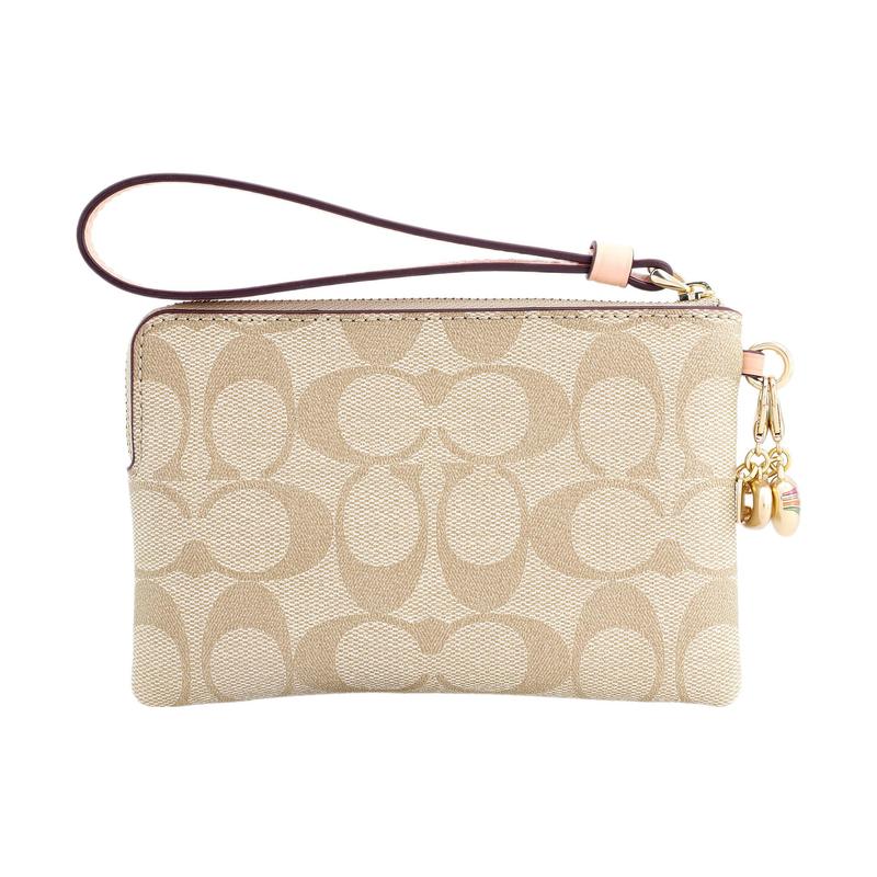 Coach Boxed 16 Classic Presbyopia Zipper Gift Box Coated Canvas with Leather Wrist Bag Clutch Regular Women's Khaki