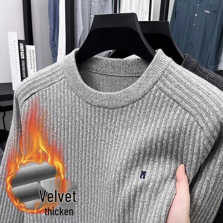 

Men s 2025 Round Neck Warm Knit Sweater - Casual Plus Velvet Base Layer L [60-70 kg] світло-сірий колір