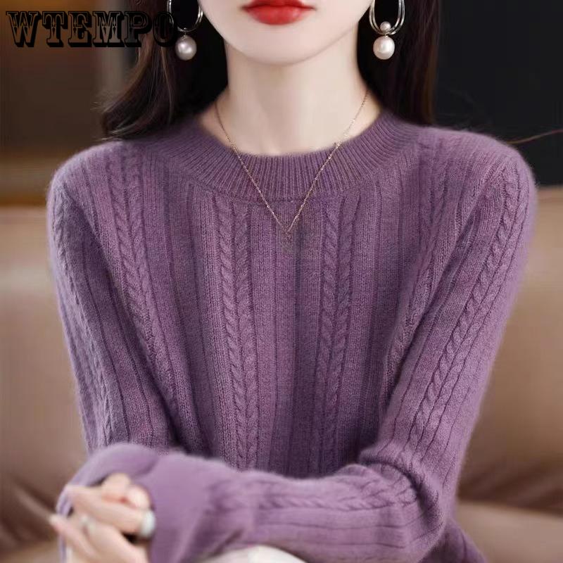 Twisted Sweater for Women Round-neck Loose Knitted Sweater Solid-color Long-sleeved Casual Pullover Autumn and Winter Top