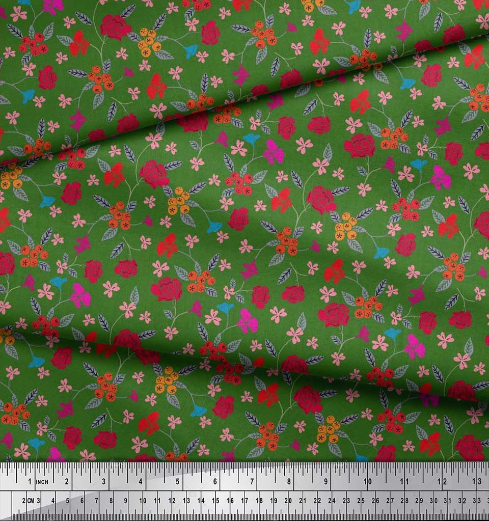 Soimoi Japonská krepová saténová látka Bobule, Listy a Květinový umělecký potisk Látka na metr 42 palců