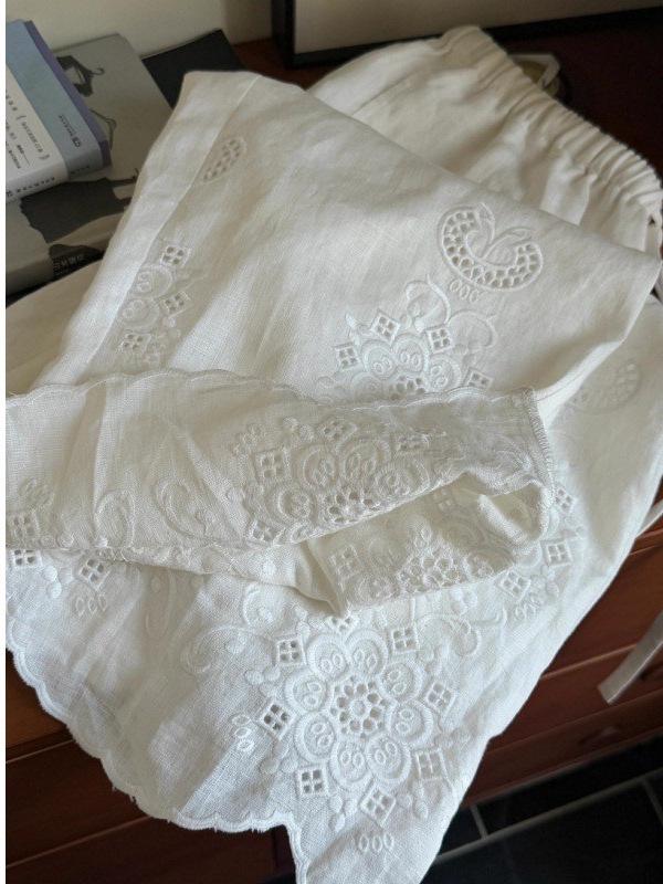 Women's Off-White Linen Wide-Leg Pants with Summer Embroidery and Lace