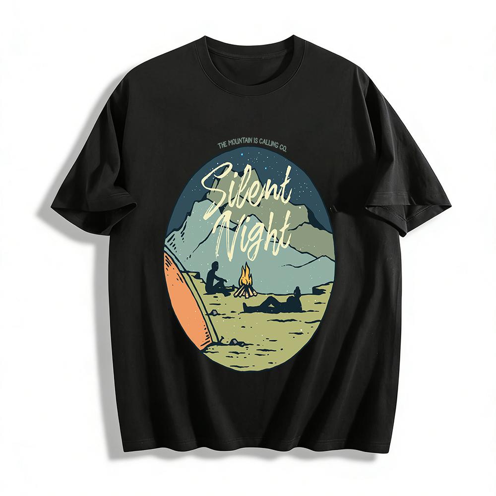 Silent Night Mountain Camping Graphic Tee Outdoor Campfire Hiking Top Pure cotton T-shirt XXS
