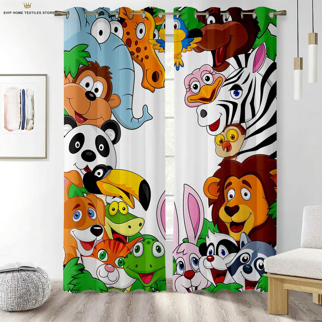Cartoon Animal Forest Print Curtains For Children's Room Living Room Study Kitchen Decorative Curtains Easy To Wash And Care
