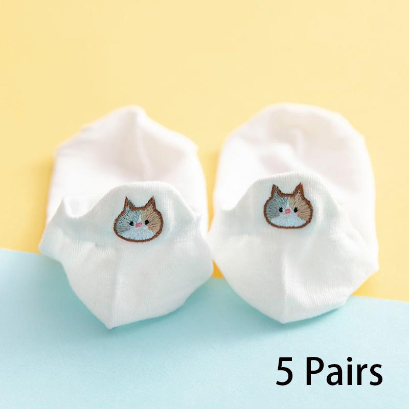 5/10 Pairs Women's Ankle Socks Cartoon Embroidery Cat Funny Short Socks Fashion No-Show Low Cut Soft Casual Female Boat Socks