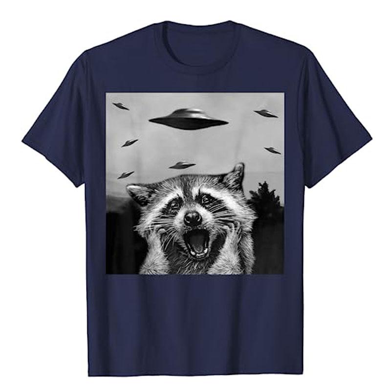 Alien UFO Funny Raccoon Stuffed Animal for Men, Women, Kids T-Shirt Raccoon Lover Graphic Tee Tops Short Sleeve Blouses Gifts