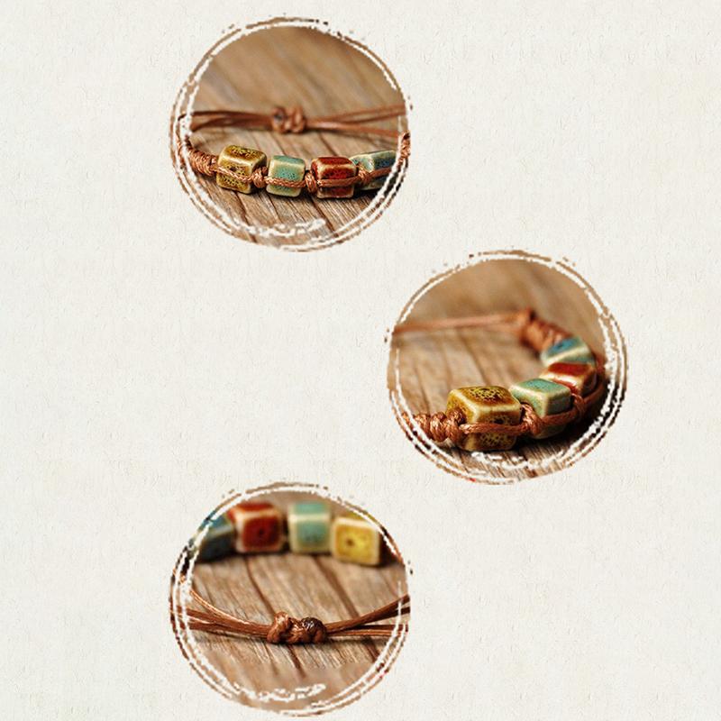 Ethnic Style Ceramic Beaded Dainty Bracelets Bangle Handmade Wax Rope Bracelets