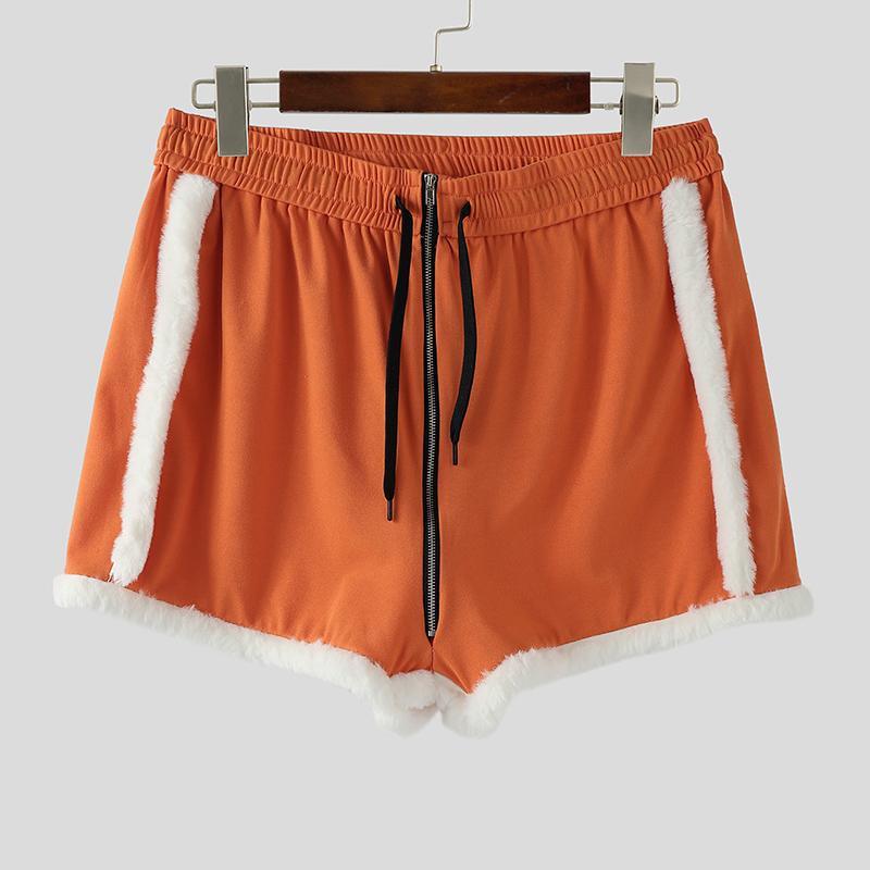 INCERUN Pánské mini kraťasy se stahovací šňůrkou, šitím, elastickým pasem, chlupatou patchworkovou domácí obuví
