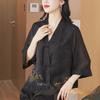 2024 Spring Women's Embroidered Buttoned Top - Irregular Design, Three-Quarter Sleeves