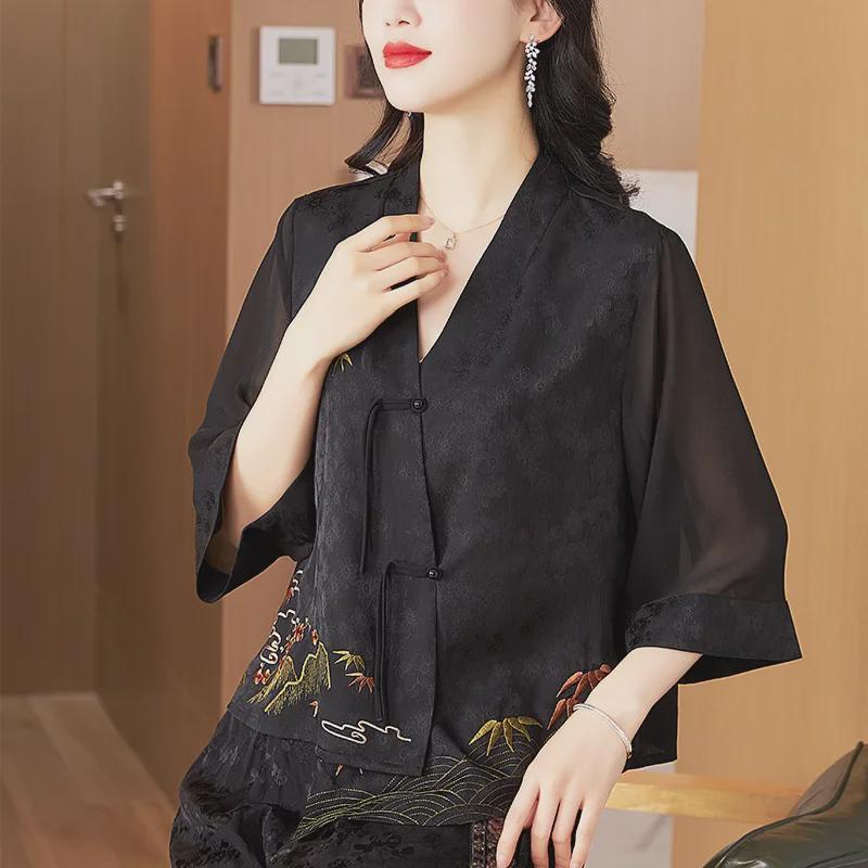 2024 Spring Women's Embroidered Buttoned Top - Irregular Design, Three-Quarter Sleeves