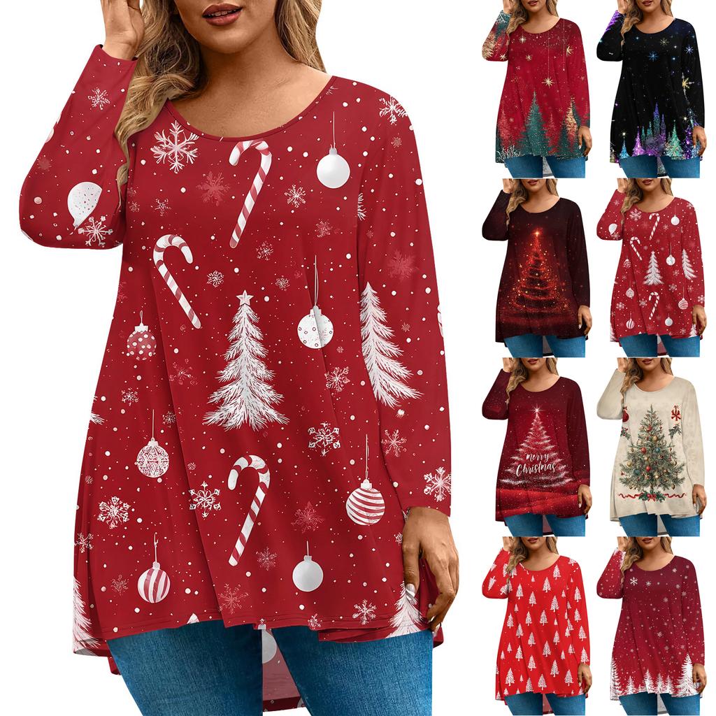 Women's Fashion Large Size Round Neck Long Sleeve Casual Christmas Print Loose Pullover Top
