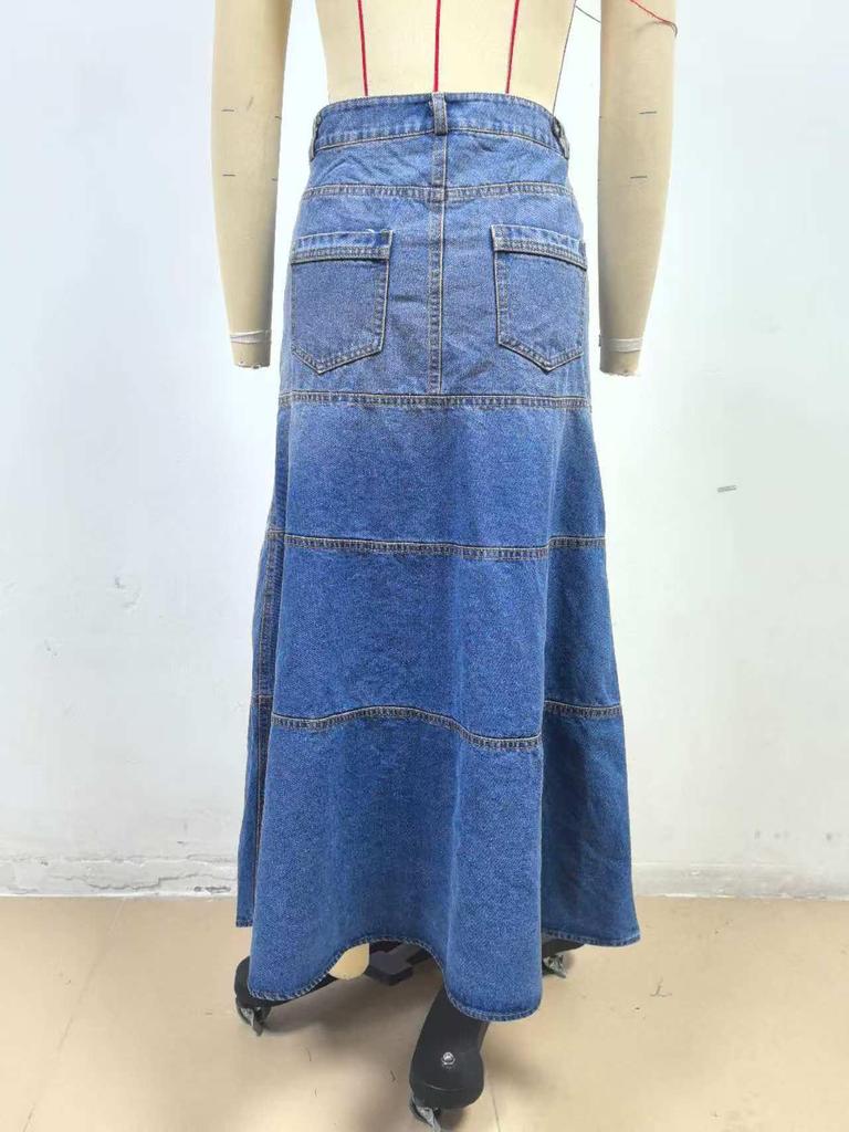 European & American Retro High-Waisted A-Line Denim Maxi Skirt for Women