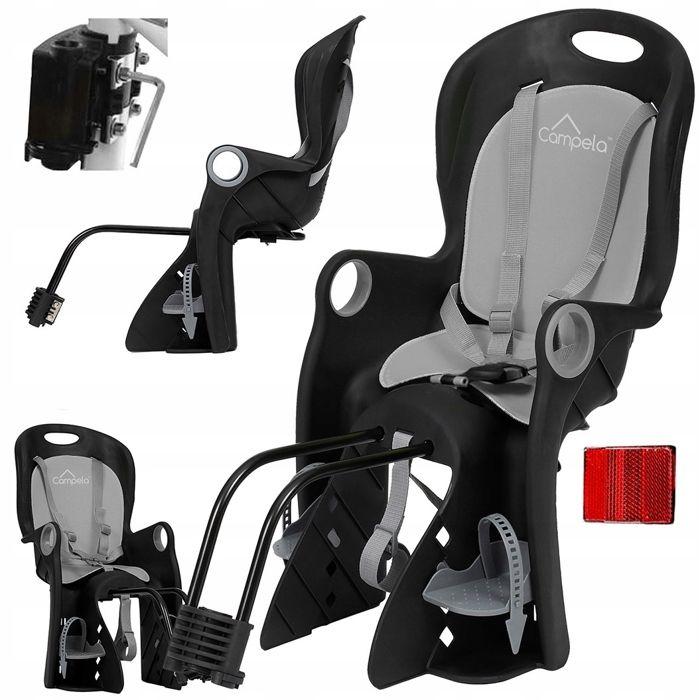 Siège vélo arrière enfant 22 kg, insert doux, fixation cadre ou porte-bagages - Campela (CA0060GRY)