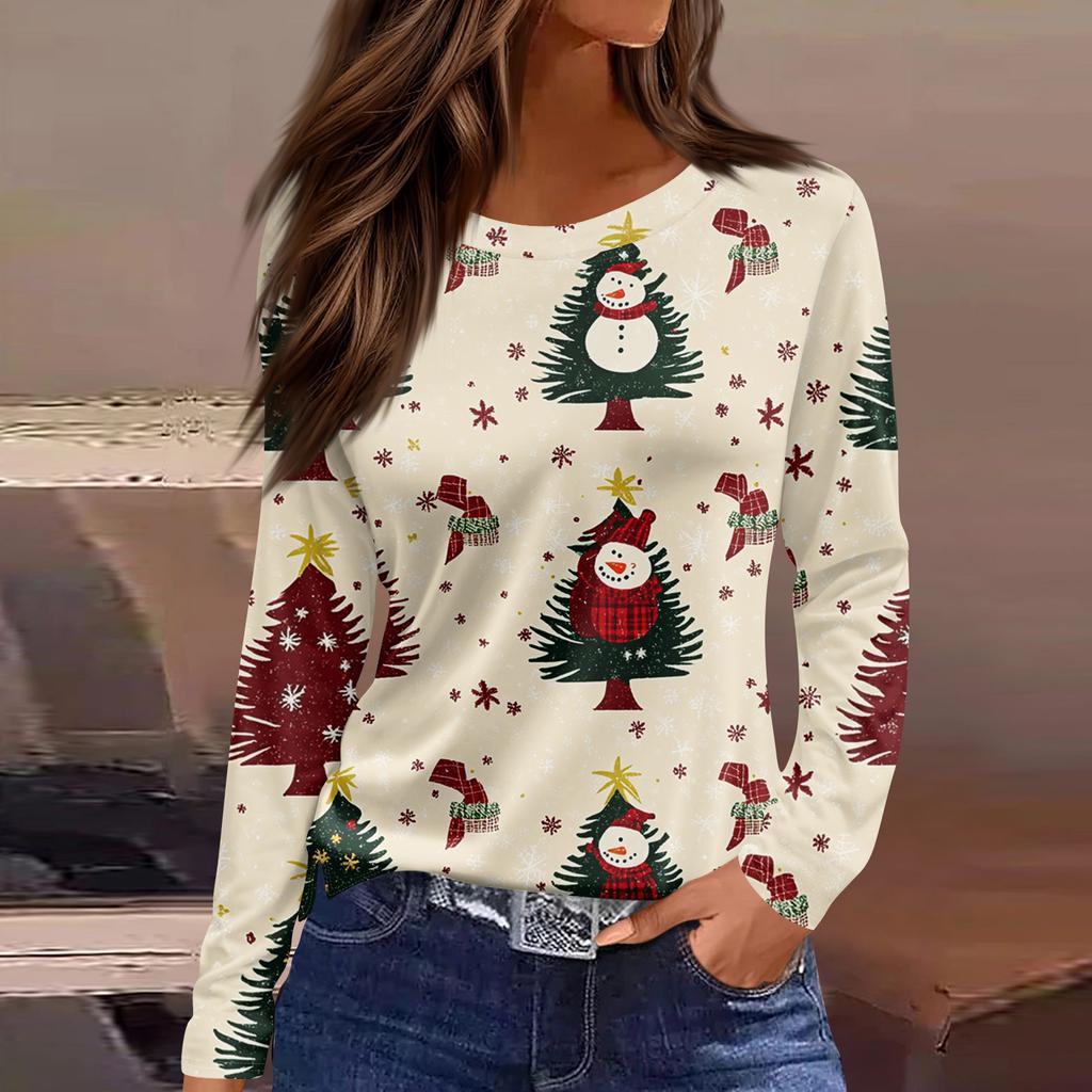 3D Santa Claus Head Printed Round Neck Long Sleeve T-shirt Fashion Casual Long Sleeve Top