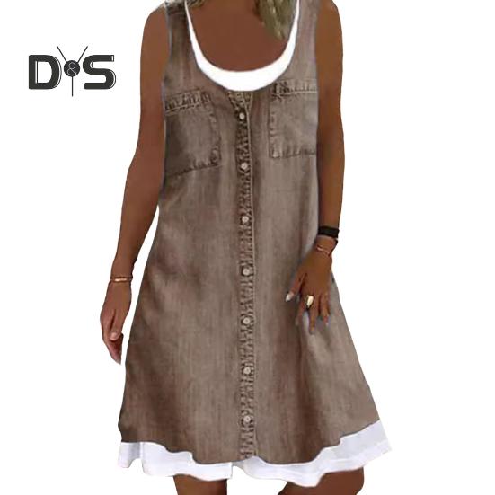 Dámské falešné dvoudílné šaty bez rukávů léto ležérní denimový potisk s výstřihem na tílko Šaty s volným střihem minišaty do A
