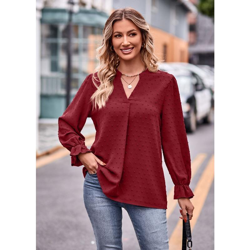 T-shirt Jacquard da Donna con Scollo a V, Maniche Lunghe Ampie e Maniche a Ombrello