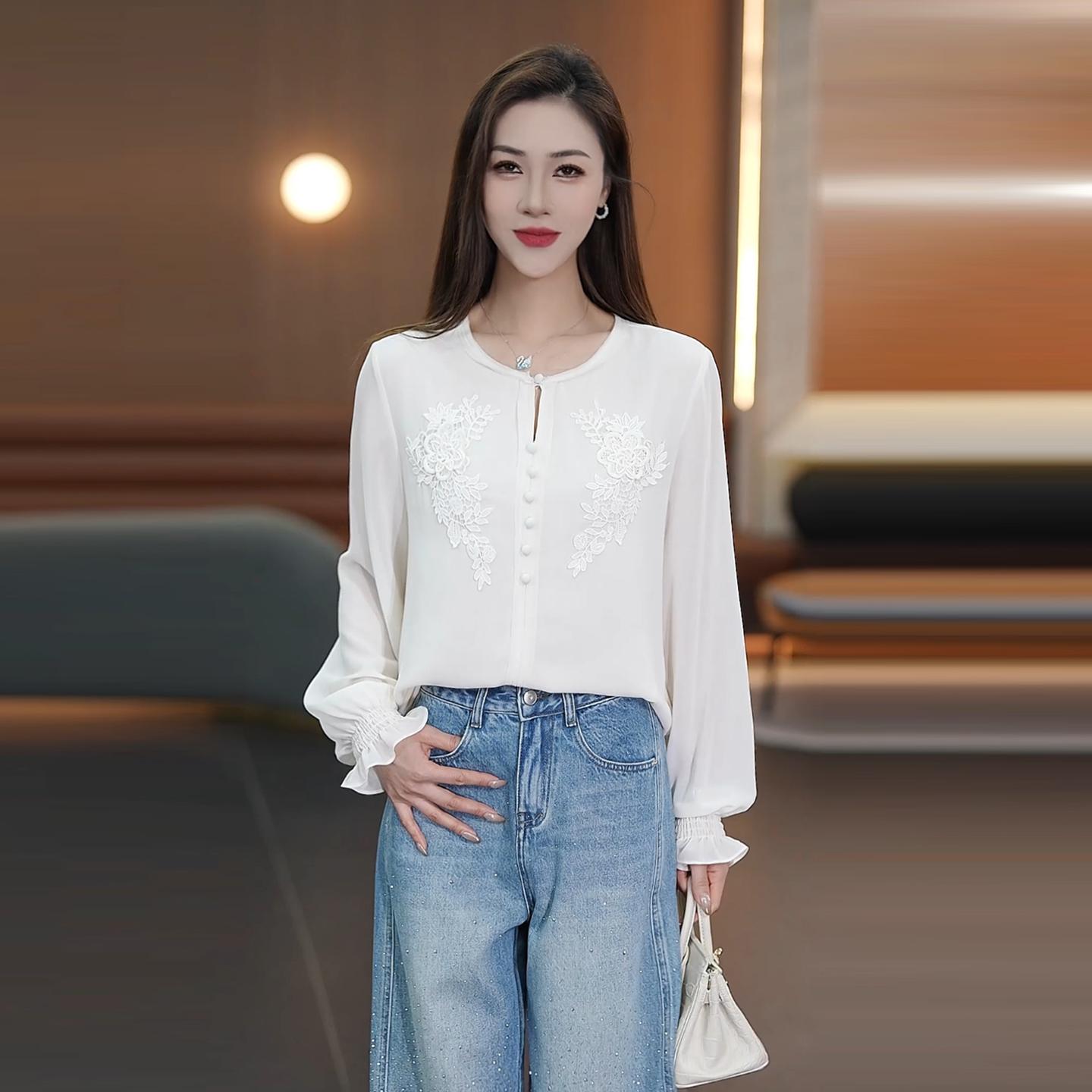 Chic Women s French Embroidered Long Sleeve Shirt - 2026 Spring Collection XL [111-120 lbs]