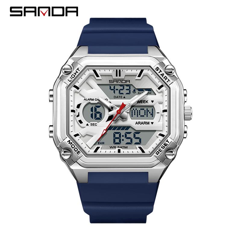 Sanda Men's Multifunctional Waterproof Electronic Watch - Trendy Timer with Dual Display & Three-Time Zone Outdoor Alarm.