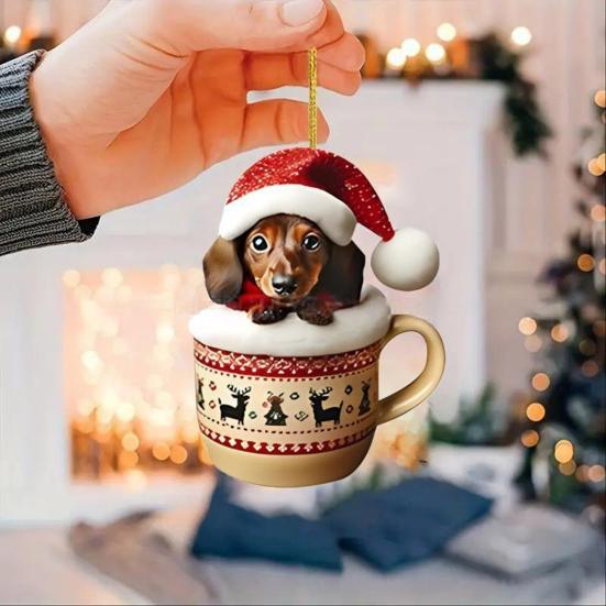 Dachshund Christmas Ornament Puppy In Mug Christmas Tree Ornament 2D Acrylic Dachshund Hanging Decor Gifts for Dog Lovers