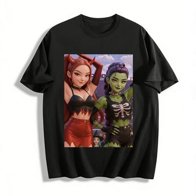 Halloween Dark Style Anime Character Print Top Trendy Sweet Cool Demon Frankenstein Theme Casual T-Shirt Pure Cotton T-shirt