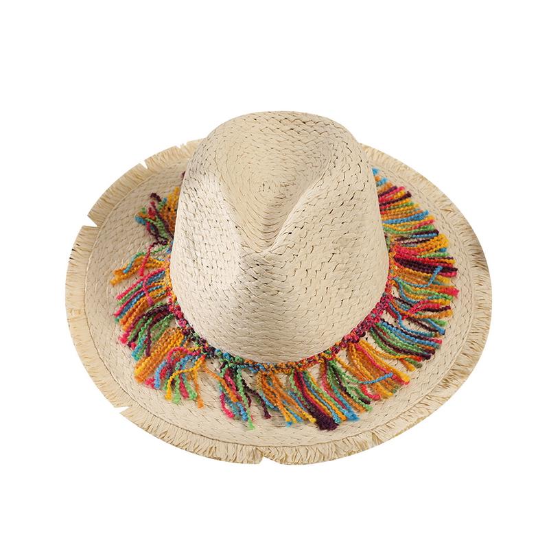 

GEMVIE Summer Wide Brim Tassel Paper Starw Hat for Women Men Outdoor Beach Sun Panama Hats 56-58cm бежевий