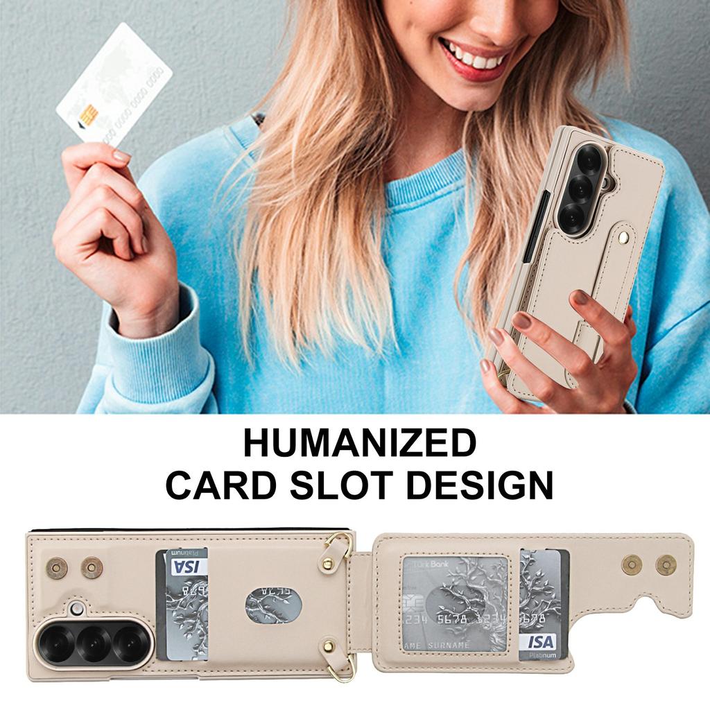 For Samsung Galaxy Z Fold6 5G Case Kickstand Card Slots Leather Coated TPU Cover with Shoulder Strap