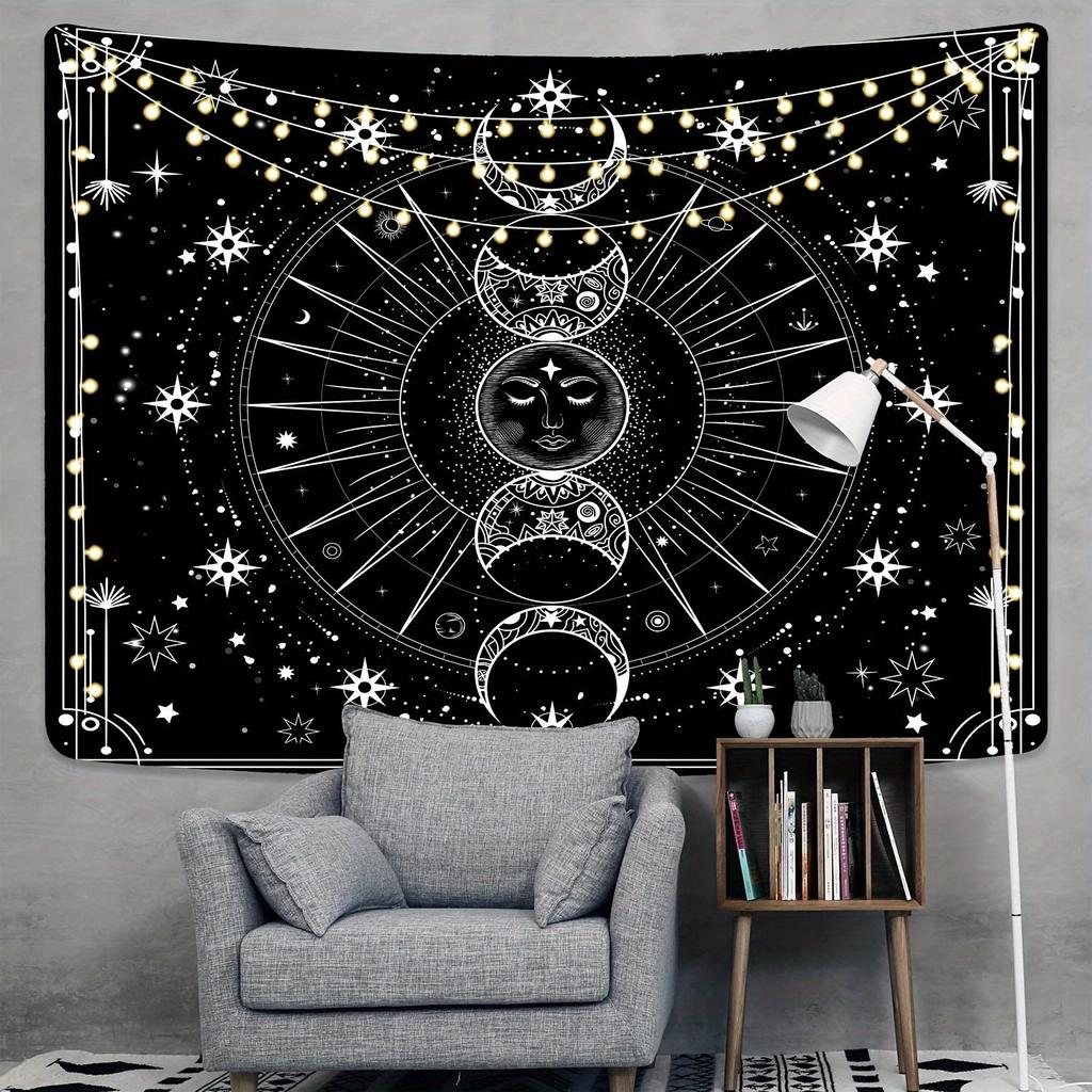 Mysterious Sun & Moon Tapestry Wall Hanging - Black & White Astrology Chart Decor, Suitable for Living Room/Bedroom