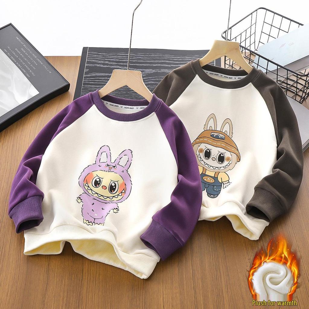 Children's Warm Cotton Sweatshirt - Autumn/Winter, Plus Velvet, Cartoon Long-Sleeve Top for Boys and Girls