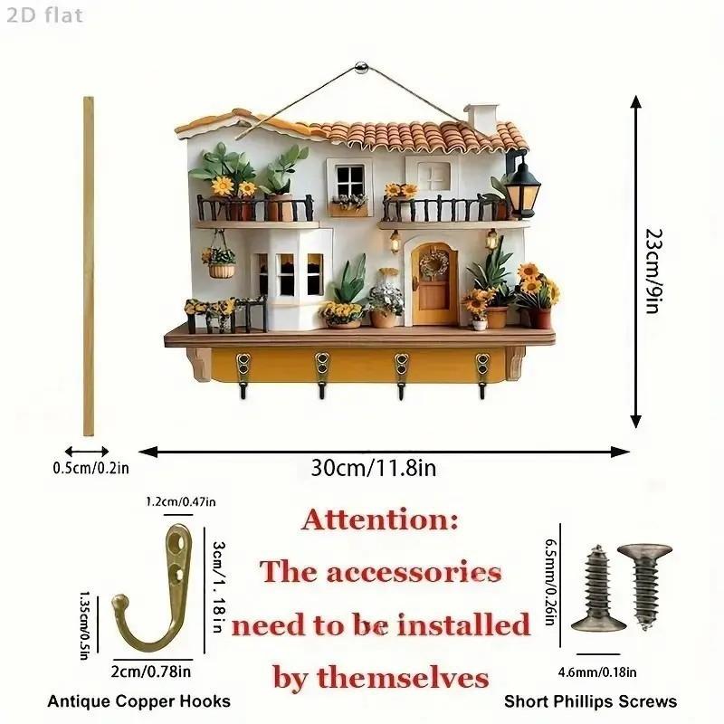 2D Plan, 1 2D Plan, A Cute Villa Wooden Multifunctional Home Keychain with Four Metal Hooks - Wall Decoration, Porch Decoration, Room Decoration