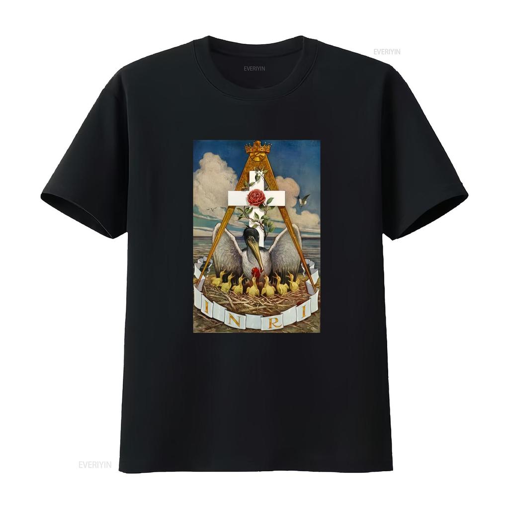 Esoteric shirt INRI The pelican feeding its young Initiation occult symbol Masonic Knight Rose Croix Rosicrucian cross seal tee