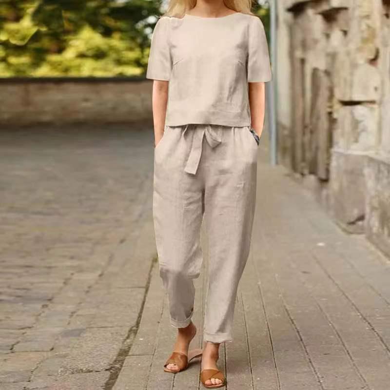 Women's Cotton-Linen Summer Set: Half-Sleeve O-Neck Cardigan & Wide-Leg Pants Retro Two-Piece