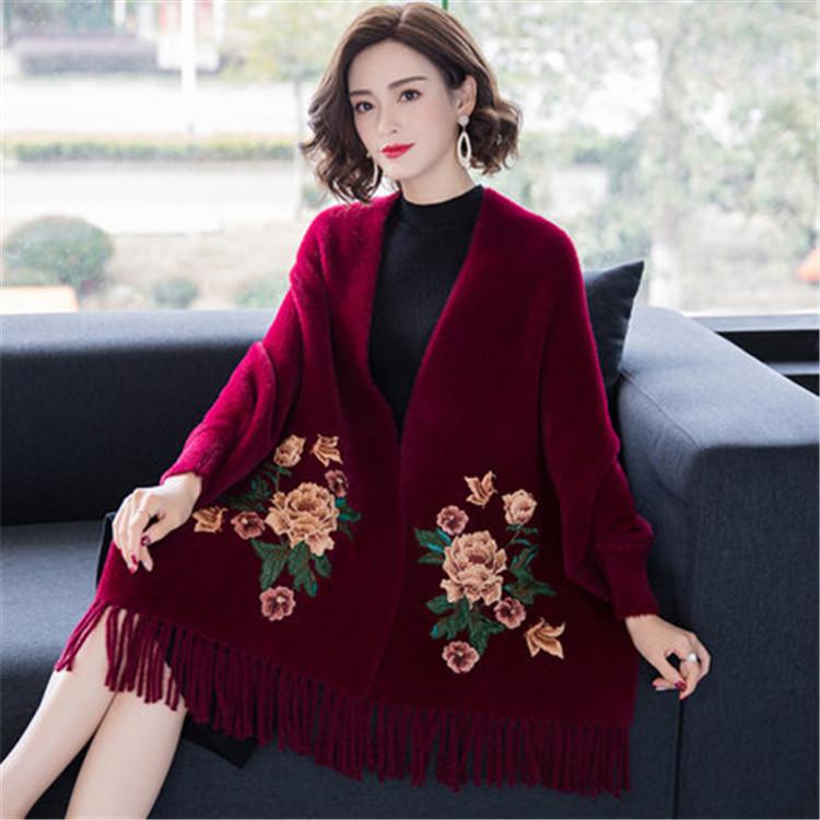 Autumn and winter thickened faux mink fur shawl for women, cape to be worn over a cheongsam, embroidered fringed coat, warm scarf with sleeves