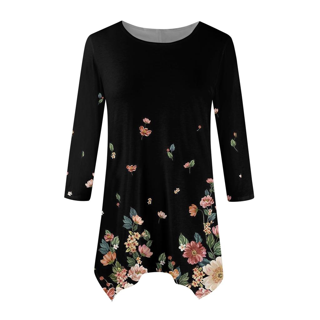 Dámská móda Ležérní tričko s kulatým výstřihem a květinovým potiskem, sedmirukávové, s páskem, volný pohodlný top