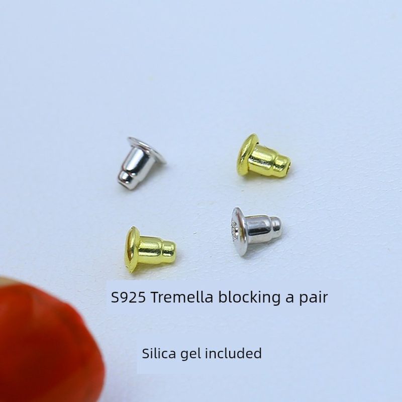 

DIY Pearl Accessories S925 Pure Silver Ear Pin Double Beads Ear Studs Empty Holder Silicone Earplug Earrings Semi-Finished Handmade Pair of sterling silver earplugs in gold