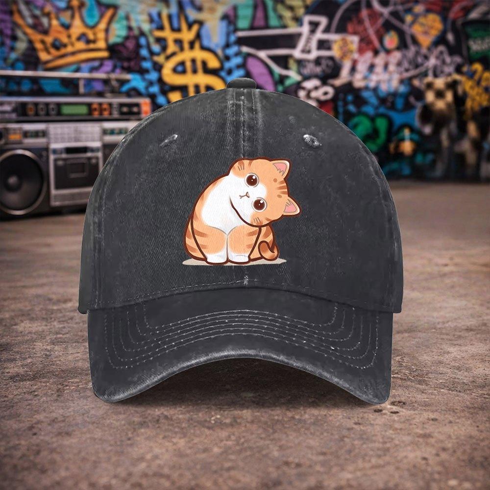 Pc Pcs Unisex Vintage Washed Baseball Cap with Orange Cat Print Duckbill Hook Loop Closure Suitable for Parties Daily Wea