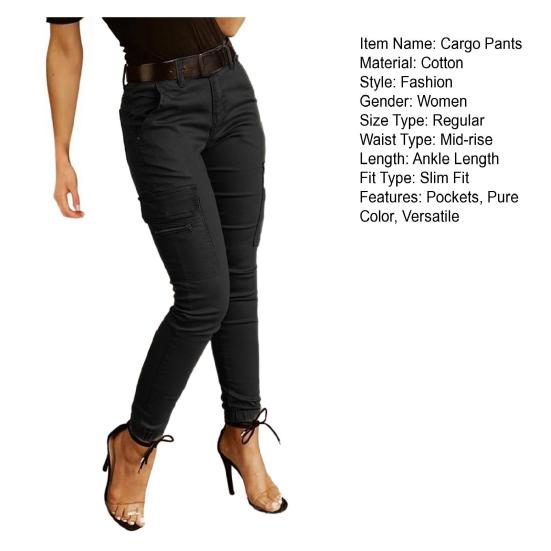 Damen Cargohose Unifarbe Mittelhoch Knopf Reißverschluss Verschluss Lässige Hose Mehrere Taschen Design Elastische Bündchen Lange Hose