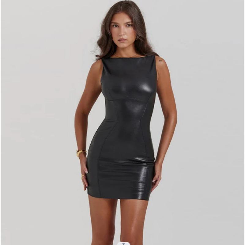 

Женское весенне-летнее новое платье без рукавов из искусственной кожи с сумкой и бедрами, утягивающее платье, темпераментное платье M чёрный