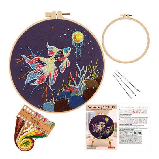 Star Goldfish Embroidery Kit Embroidery Starter Kit with Hoop Fabric Threads Adult Needlework Kit for Beginners Home Decor