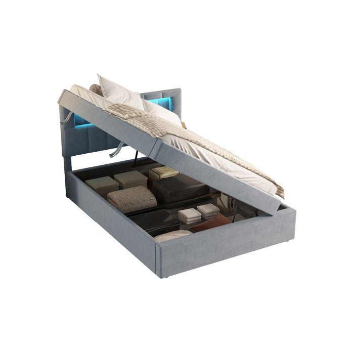 Lit - MUVOE - 90x200 Cm - Rembourré - Lumière D'ambiance - Espace De Rangement