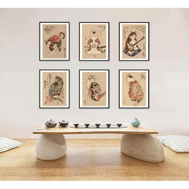 6Pcs Japanese Samurai Cat Wall Art Prints of Posters Japan Bushido Decor Kung Fu Paintings Tattoo Funny Fantasy Photo Picture Canvas Poster Painting