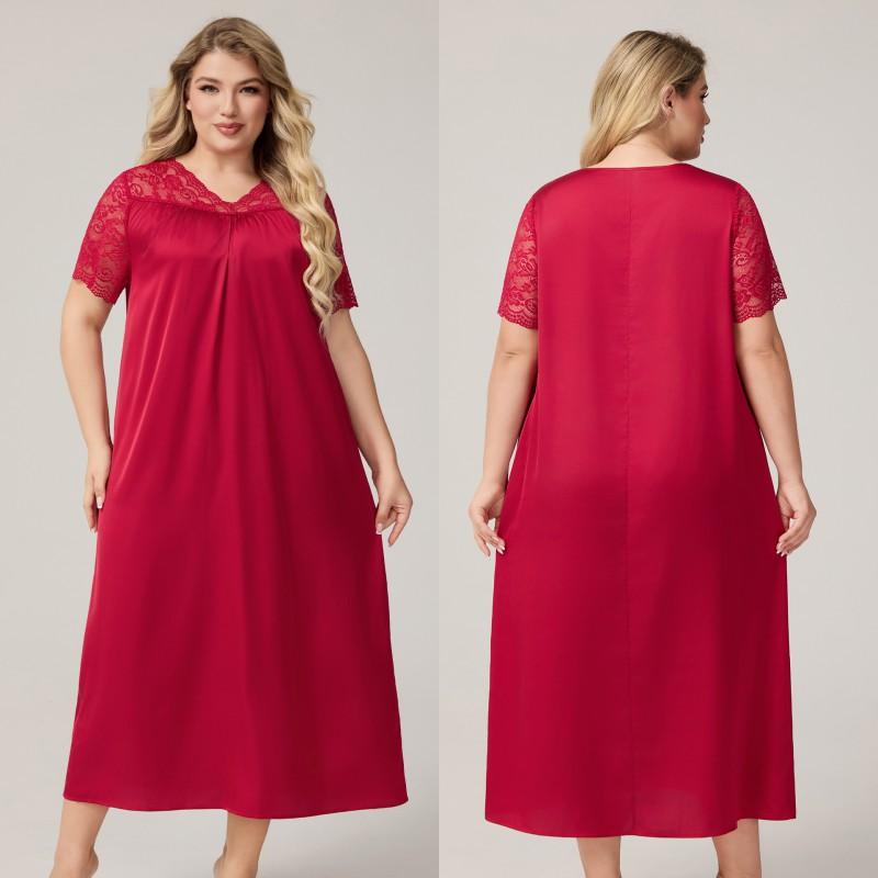 Plus Size Womens Lightweight Satin Sleep Dress V-Neck Short Sleeve Loose Nightgown Fall Home Lounge
