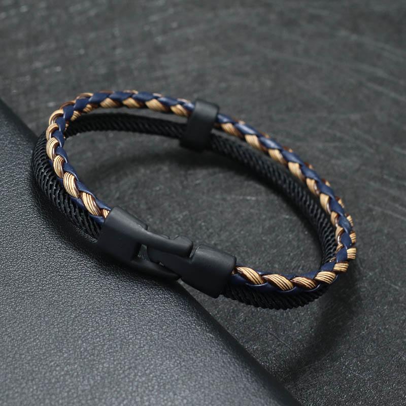 

New Fashion Men Leather Bracelet Double Layer Punk Bangle Homme Pulseira Corda Masculina Gift For Him Cool Biker Accessories темно-синього кольору